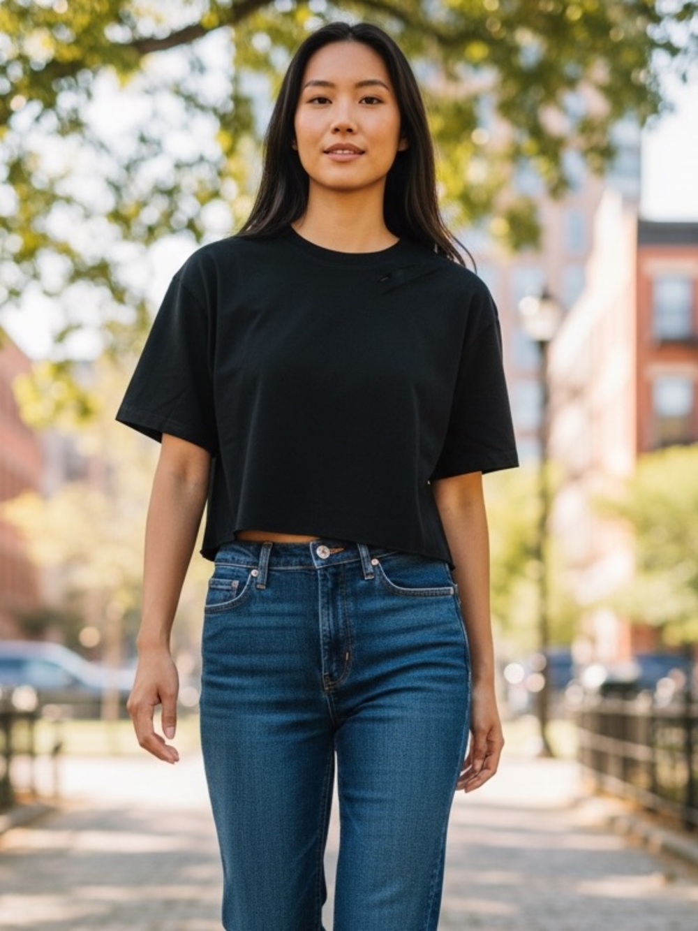 NWT Dance & Marvel Black Cropped Crewneck Tee with distressed work Sz S